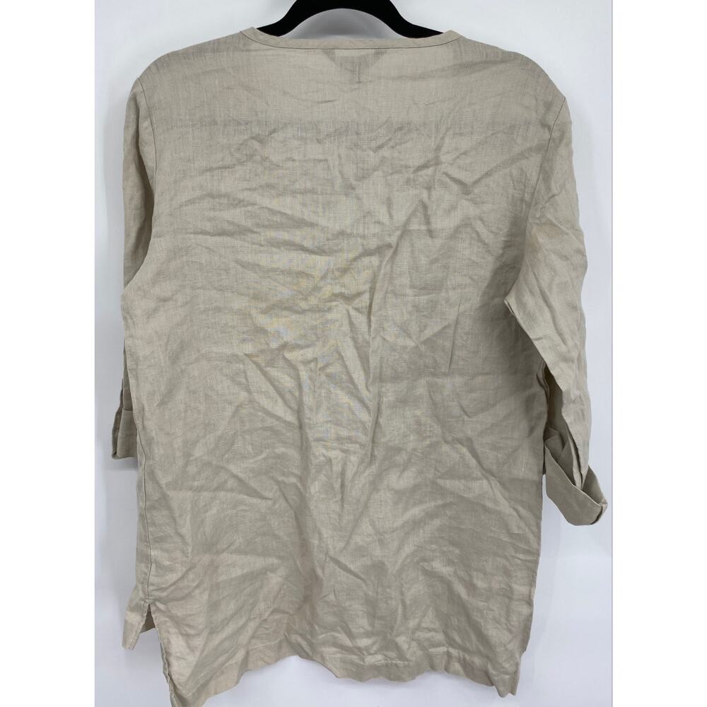 NEW ELLEN TRACY women M Sandstone Lace up 3/4 Sleeve tan Linen Blouse Shirt FLAW - Picture 4 of 7
